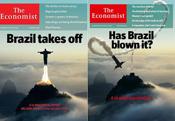 Capa de 2009 da revista <i>The Economist</i> apontava o Brasil como maior caso de sucesso da América Latina. Capa de 2013 questiona se o País teria estragado tudo. (Crédito: Reprodução)