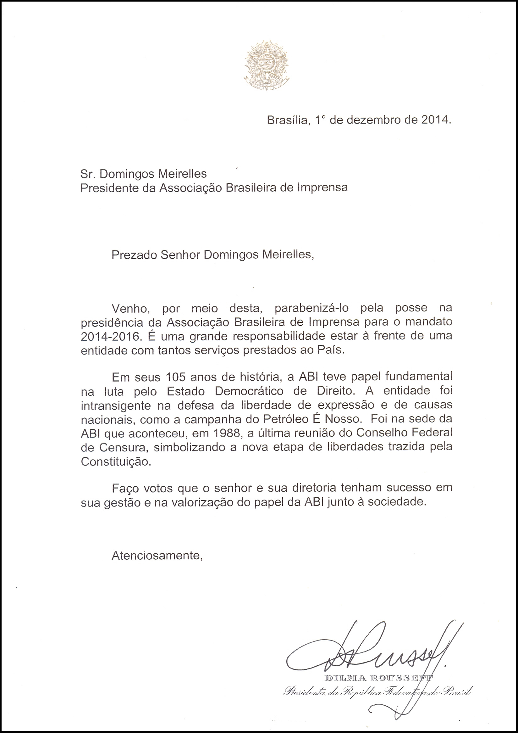 Carta convite da posse de Dilma para Domingos