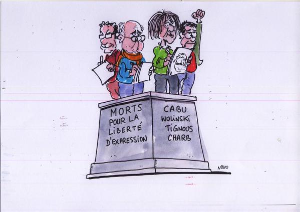 “Mortos pela liberdade de expressão. Cabu, Wolinski, Tignous e Charb”