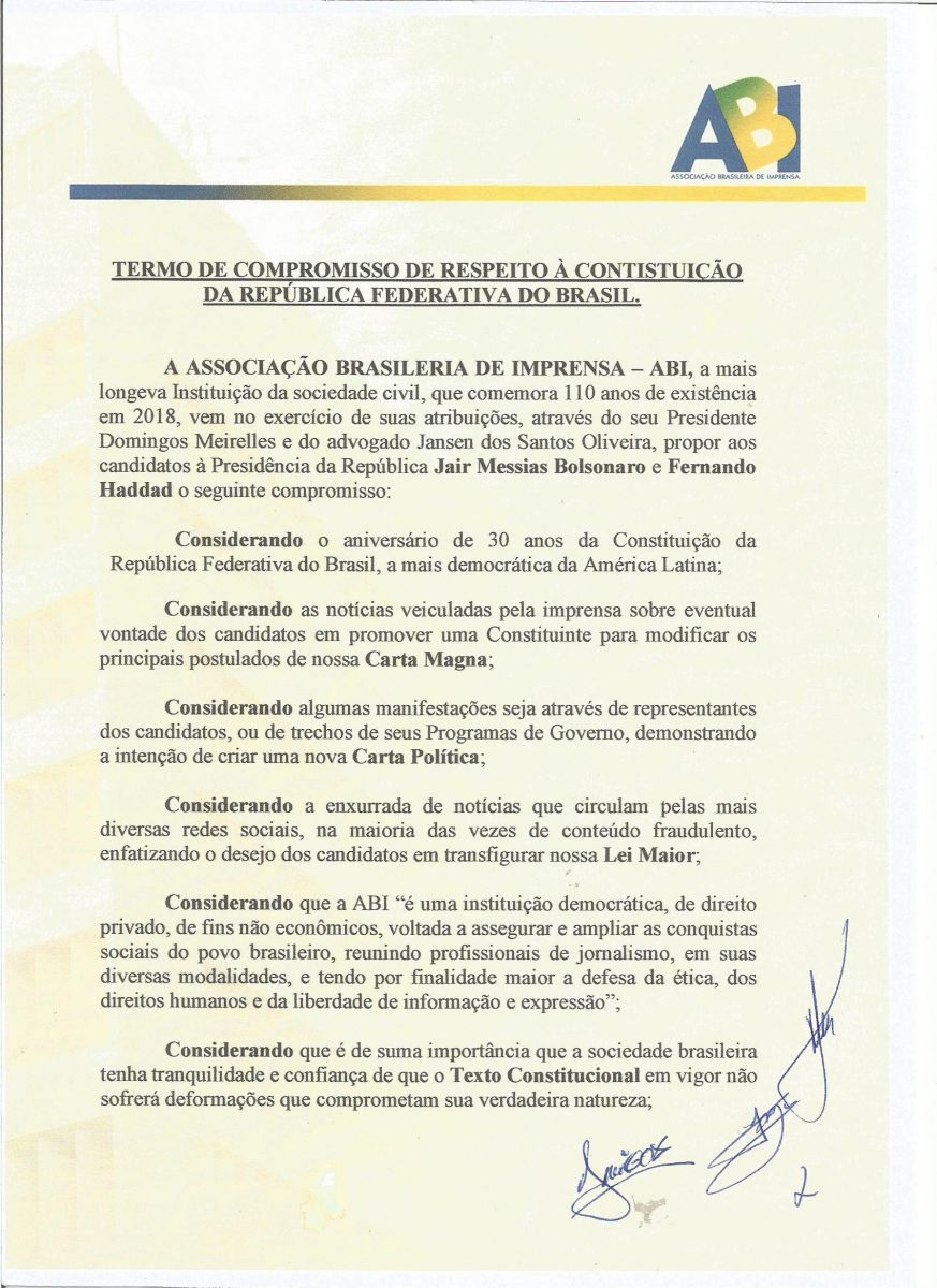 Termo de compromisso assinado por Fernando Haddad e Jair Bolsonaro
