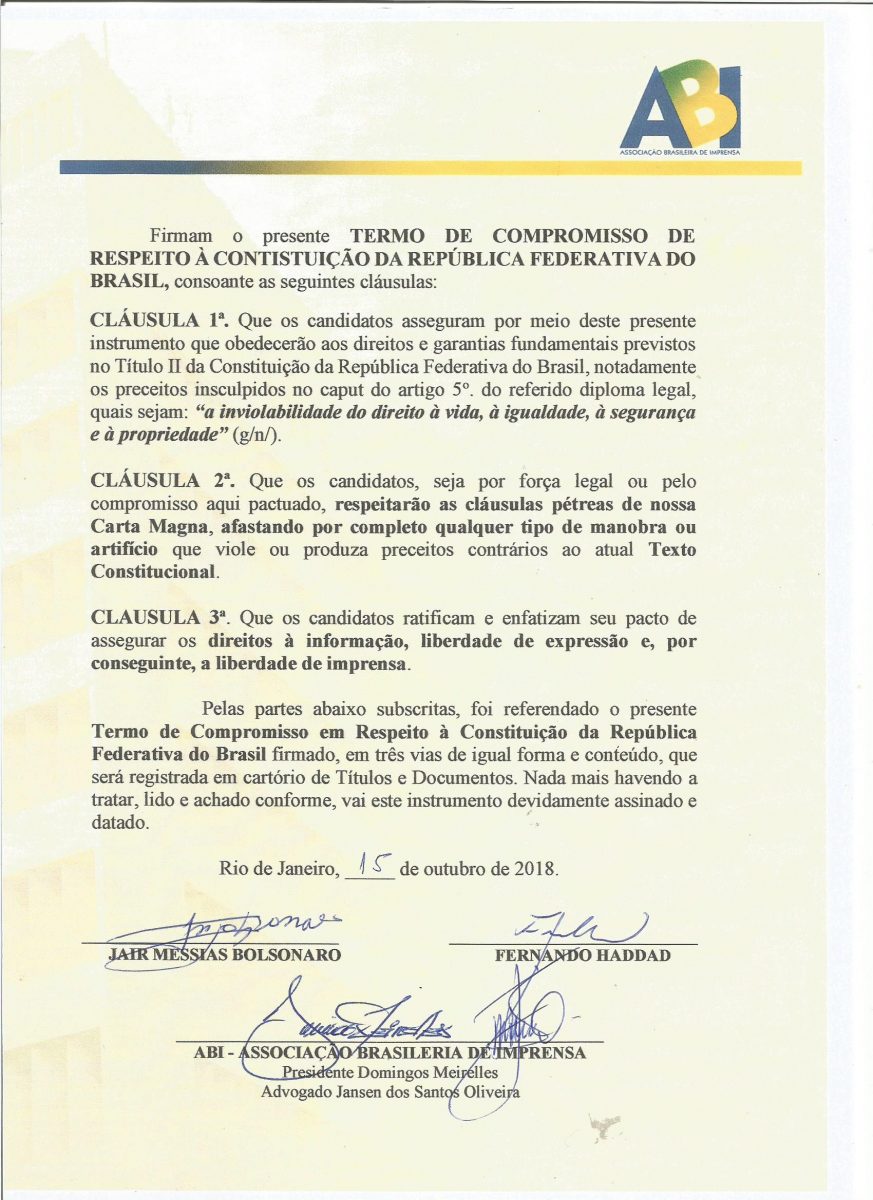 Segunda página do termo de compromisso assinado por Fernando Haddad e Jair Bolsonaro